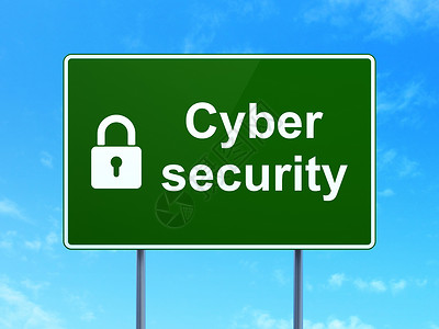 安全概念 网络安全和道路标志背景上的封闭挂锁背景图片