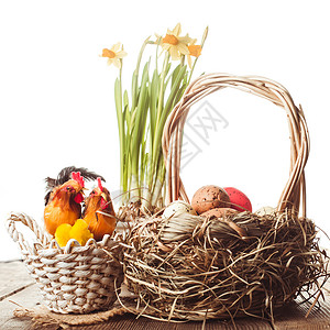 先有鸡还是先有蛋复活节装饰团体假期宗教乡村稻草花瓶水仙花紫色投资季节背景