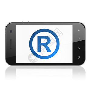 电话标记法律概念 在智能手机上注册屏幕药片执照数据细胞作者保险专利版权权利背景