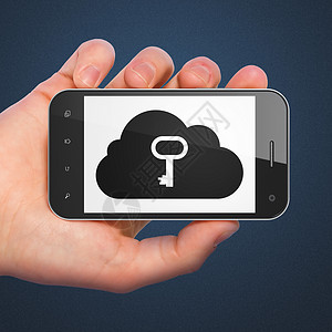 手托着的云锁云层联网概念 智能电话用  云与钥匙网络解决方案隐私计算数据服务器蓝色高科技网站细胞背景