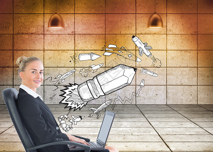坐在火箭上猪商业女商务人士用笔记本电脑坐在摇摇椅上的综合图像网格女士女性职业橙子计算机人士技术绘图商务背景