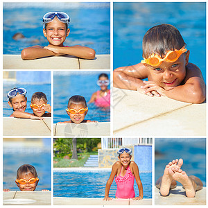 B 集合体上的活动游泳衣蓝色水池喜悦幸福孩子运动微笑假期娱乐背景