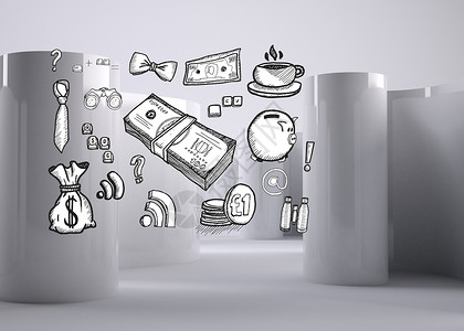 在抽象灰色背景下绘制图形利润存钱罐柱子计算机货币储蓄圆柱银行业绘图背景图片