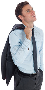 拿着夹克的笑脸商务人士领带商务头发职业衬衫男人套装微笑棕色快乐背景图片