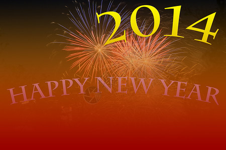 2014年新的幸福新年文字背景烟花黄色红色背景图片