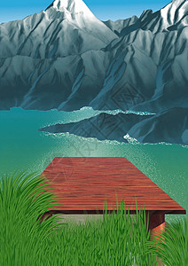 手绘水山山区湖手绘位图绘画码头岩石插图顶峰涟漪动画片卡通片背景