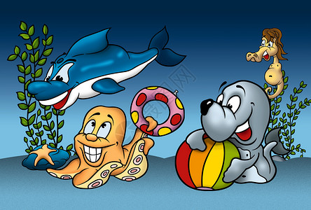 海洋生物石头插图位图动物海星卡通片海马手绘海豹绘画背景图片