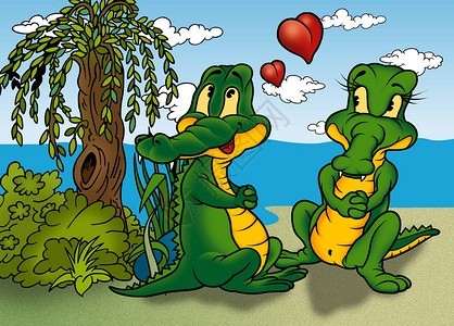 手绘鳄鱼线稿两只鳄鱼灌木位图插图卡通片手绘绘画风情动画片背景
