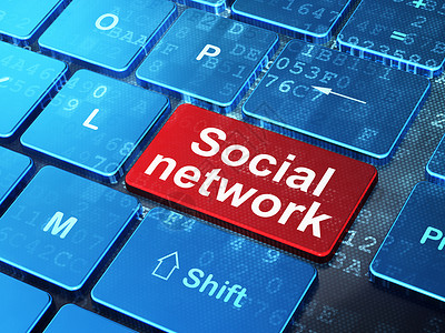 社交网社交媒体概念 计算机键盘背面的社会网络钥匙技术朋友团队红色网站社区按钮白色背景背景
