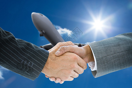 飞机介绍素材企业握手的复合形象人士蓝色手臂会议旅游飞行太阳阳光商务航空背景