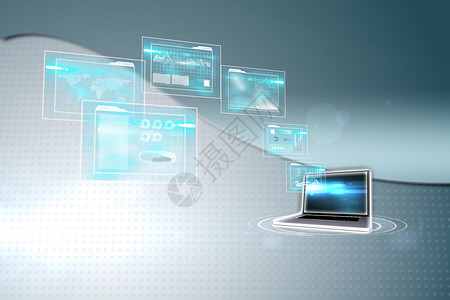 商业界面和膝上型计算机综合图像投影曲线灰色绘图蓝色计算海浪笔记本科技技术背景图片