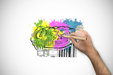 手画的涂鸦手握铅笔的复合图像数字手臂沟通绘图图表互联网白色风暴计算机头脑背景