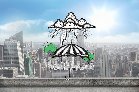 伞式保护城市面团综合图像图摩天大楼庇护所绘图涂鸦天空风暴闪电阳光阳台下雨背景图片