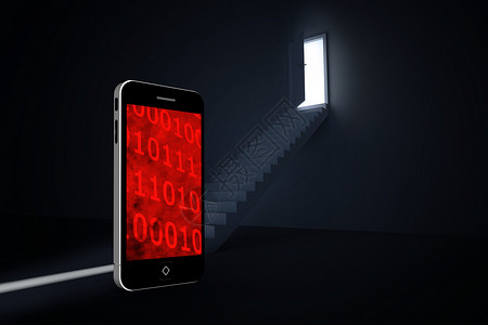智能手机屏幕二进制代码的复合图像楼梯编码绘图计算机红色脚步数字进步设备媒体背景图片