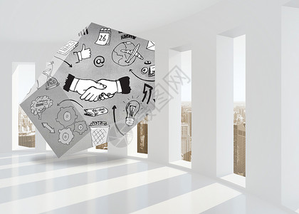 抽象屏幕上握握手图形的复合图像未来派绘图风暴计算机头脑协议城市展示窗户建筑物背景图片