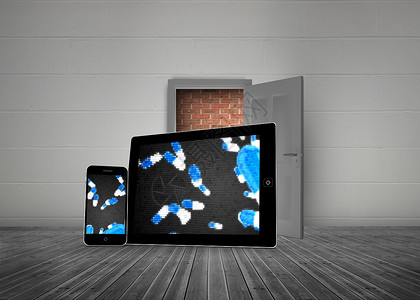 药丸在平板和智能手机屏幕上坠落的复合图像药店计算机灰色概念性门框开幕式障碍设备药品媒体背景图片