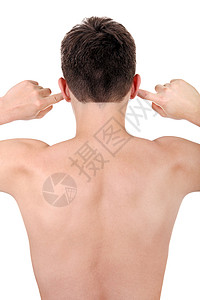 年轻人插耳机男人背部男性工作室后脑勺白色头发棕色肌肉手指背景图片