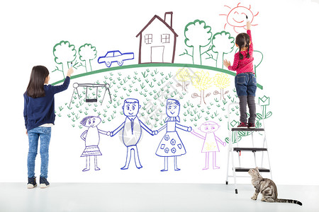 领养宠物公益海报设计系列两个孩子在白墙上画着梦想背景