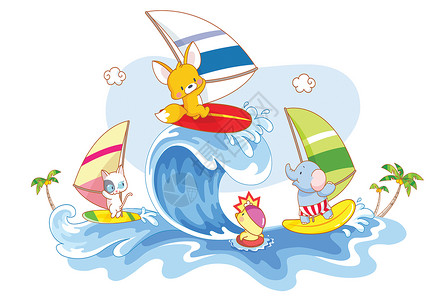 冲浪竖版插画在海滩上冲浪的动物背景