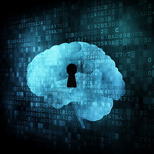 数字屏幕上带键孔的大脑神经小脑想像力安全数据锁孔风暴科学头脑互联网背景