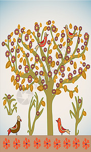 带鸟类的矢量树土壤棕色夫妻卡通片橙子森林叶子绿色插图艺术背景图片