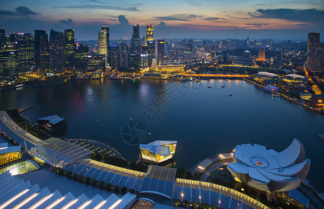 顶视城市新加坡天线 顶视双光旅游地标摩天大楼场景景观日出风景城市商业建筑学背景
