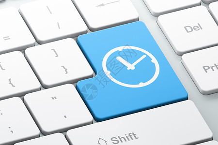 计算机键盘背景上的时间轴概念时钟手表白色小时倒数记事本按钮展示钥匙年表蓝色背景图片