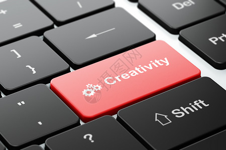 红色关闭按钮营销概念 计算机键盘背景上的齿轮和创造性背景