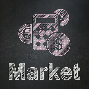 市场图标金融概念 计算器和黑板底底盘市场背景