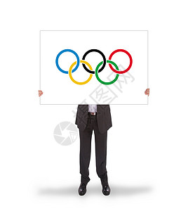 奥林匹克竞赛商务人士拿着一张大卡游戏人士办公室通讯经理推动者戒指运动旗帜五环背景