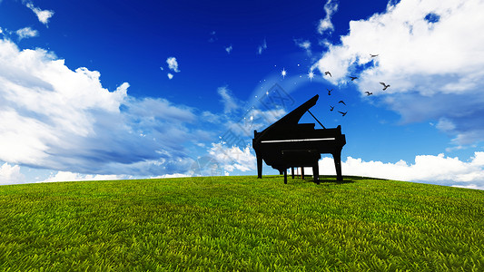 绿色钢琴素材在草地上的钢琴背景