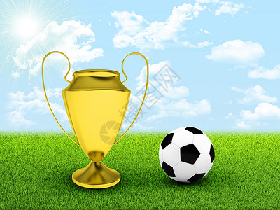 足球球和金杯在田地中间草地游戏绿色太阳金子杯子锦标赛场地操场天空背景图片