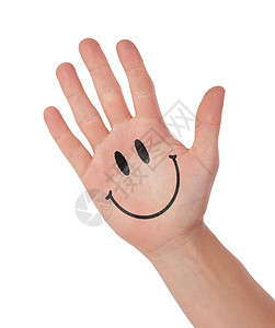 手绘笑脸与在白白色上孤立的笑笑手牵手 交流的概念手势帮助想像力乐趣微笑学习朋友笑脸女性符号背景