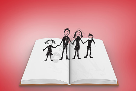 开放书中幸福家庭的综合形象插图涂鸦红色教育微笑母亲绘画父亲学习手绘背景图片