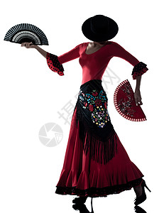 弗拉门戈舞者跳舞舞蹈舞女伴的双周钟背光扇子阴影红色舞者女士旅行文化背景