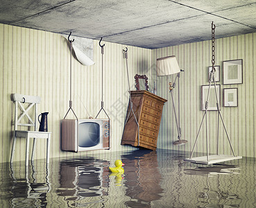 明亮的洪水灯生活在洪水中灾难家具电视公寓体积房子情况管道绳索住宅背景