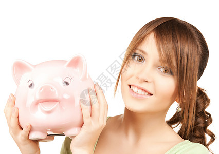 带着大猪银行的可爱女孩工作青少年机构节俭成功银行家贷款投资银行业微笑背景图片