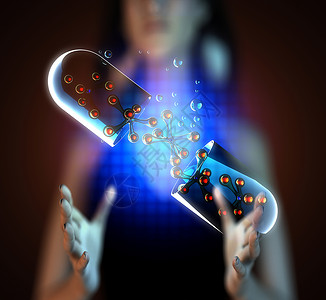 全息图上的透明胶囊化学品女士化学细绳化合物治疗监视器生物学药品基因背景图片