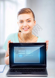 拥有膝上型计算机和虚拟屏幕的妇女女孩笔记本人士用户安全界面密码隐私网络学生背景图片
