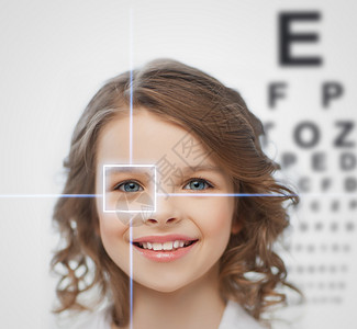 好视力字体设计具有视力测试板的女童微笑考试验光字母医疗矫正眼睛光学手术测试背景