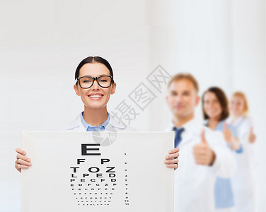 金牌导师海报戴眼镜和眼睛图的女医生成人木板验光师女性检查卫生女士专家考试测试背景