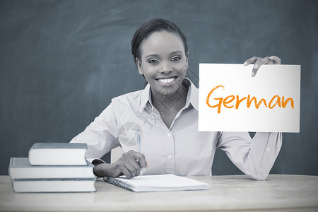 德语学习快乐的老师在显示德国语的网页上背景