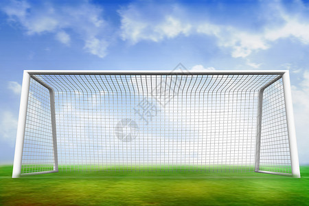 蓝天下足球球场和球门闲暇蓝色计算机沥青门柱绘图绿色运动天空世界背景图片