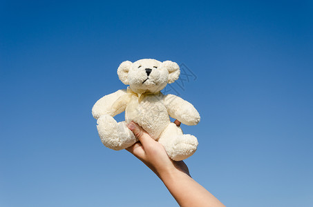 蓝天空背景上手握的长毛泰迪熊背景图片