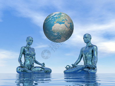 地球和平蓝色大地默思  3D性别精神女性绿色插图瑜伽生态行星男性宗教背景