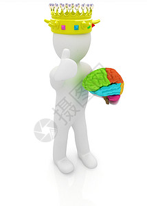 富有知识的大脑3D人 男人 有金皇冠的人 有大脑的国王天才畅销书荣耀科学心理学女王头脑教育器官君主背景