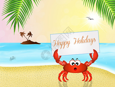 螃蟹漫画动物天堂乐趣假期插图卡通片海洋海上生活贝类旅行背景图片