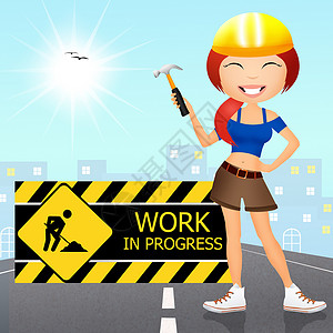 工作进展中的工作警告卡通片网站女孩维修交通进步工人安全插图背景图片