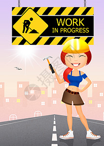 工作进展中的工作卡通片网站警告进步安全交通插图建设维修女孩背景图片