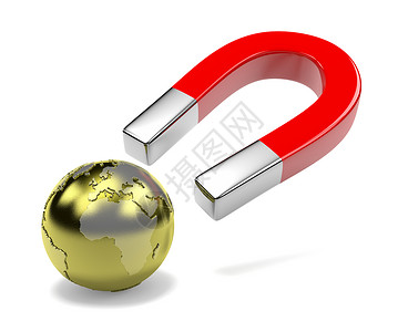 磁电机吸引世界银色行星白色金子插图社会诱惑金属地球红色背景